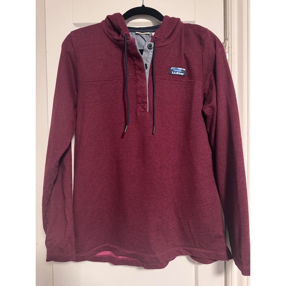 L.L. Bean Tops - LL Bean Mens Burgundy Textured Henley Hoodie Pullover Sweatshirt Med‎